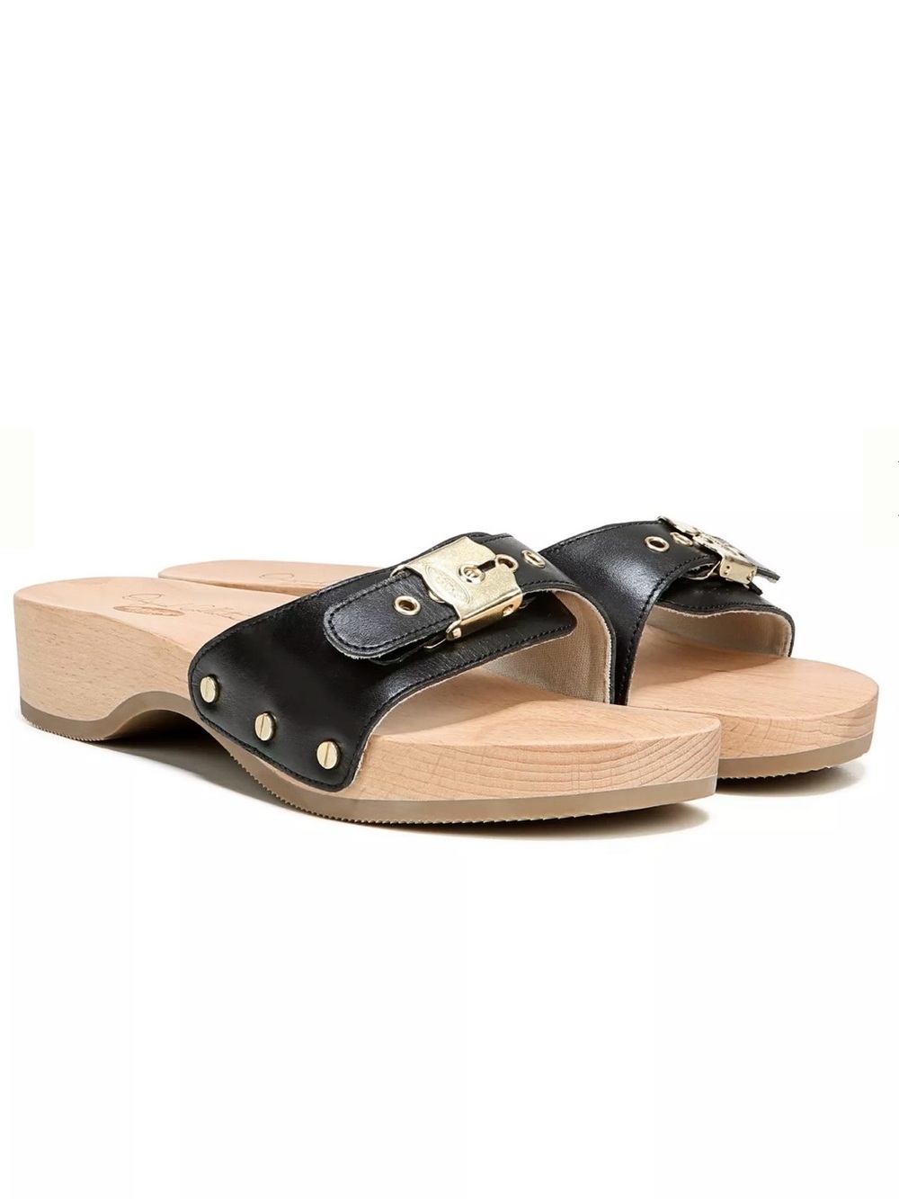 Dr.Scholl’s Original Collection Wood Buttom Slide Sandals Black Leather US 8